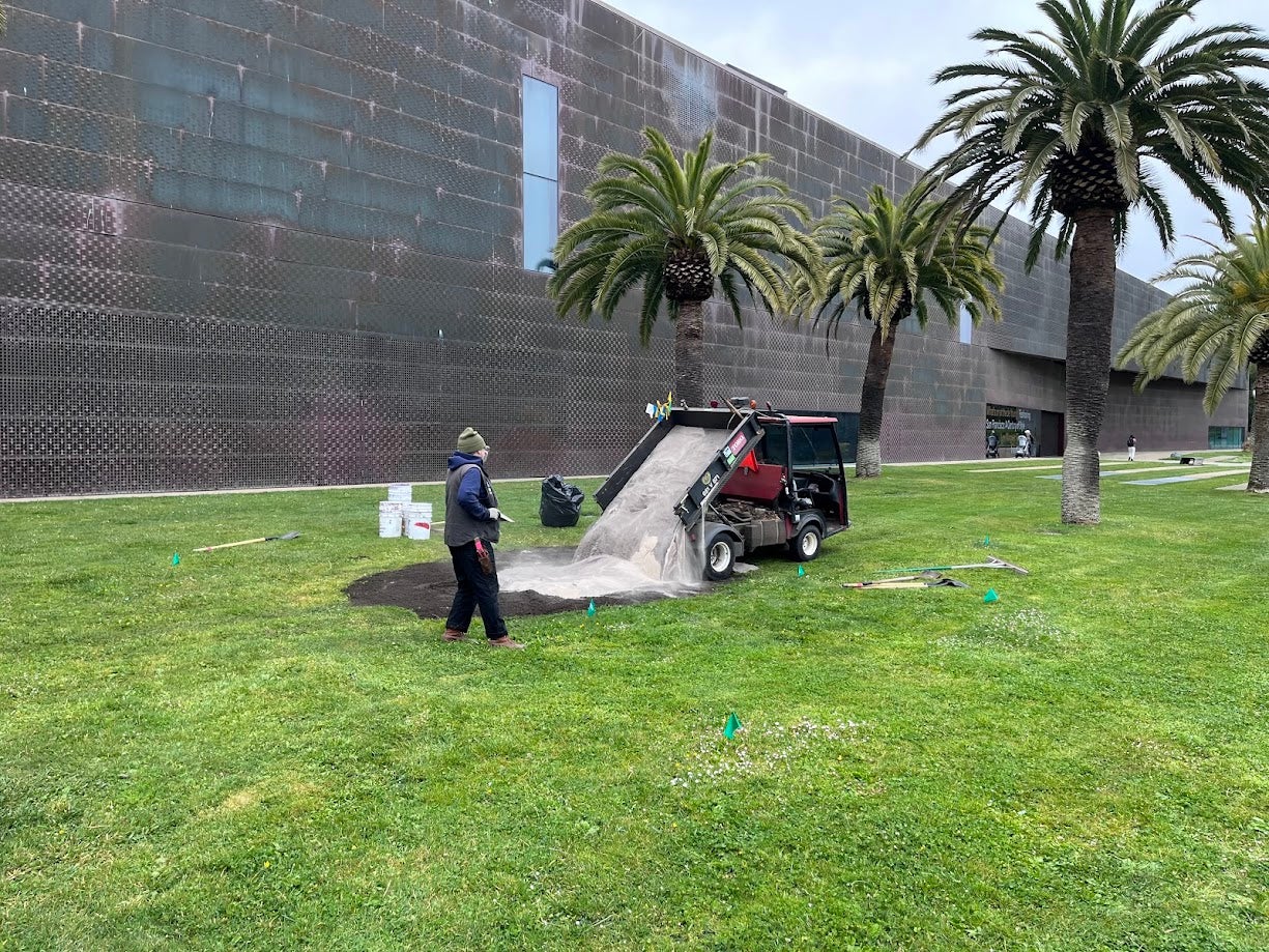 People filling a hole with sand in the de Young front lawn