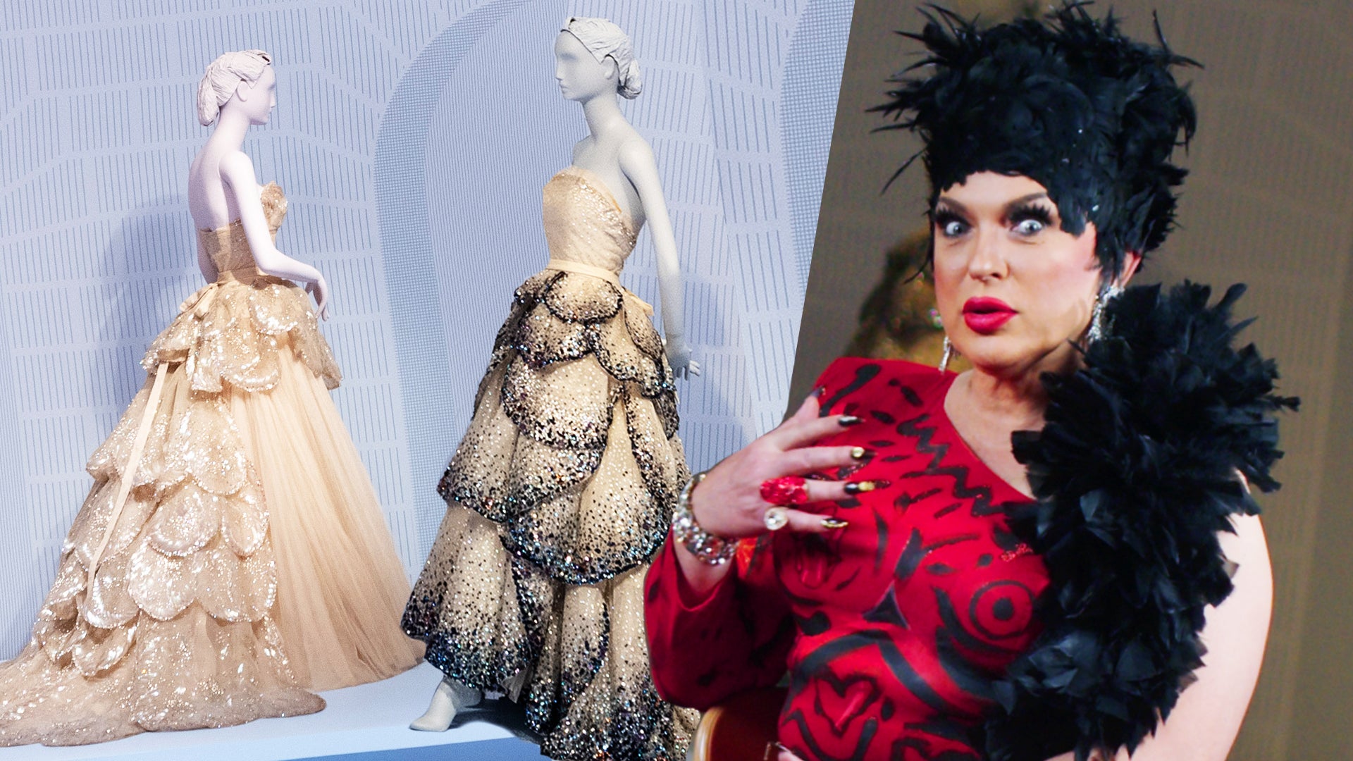 Drag artist D'Arcy Drollinger with dresses in de Young exhibition